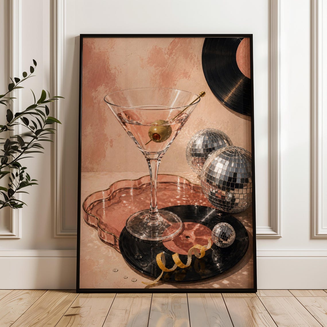 Martini Cocktail Disco Ball Vinyl Record Retro Blush Pink Poster