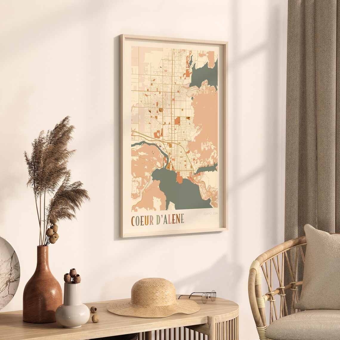 Coeur D'Alene Idaho Colorful Retro Coastal City Map Poster Boho Wall Decor - Image 3