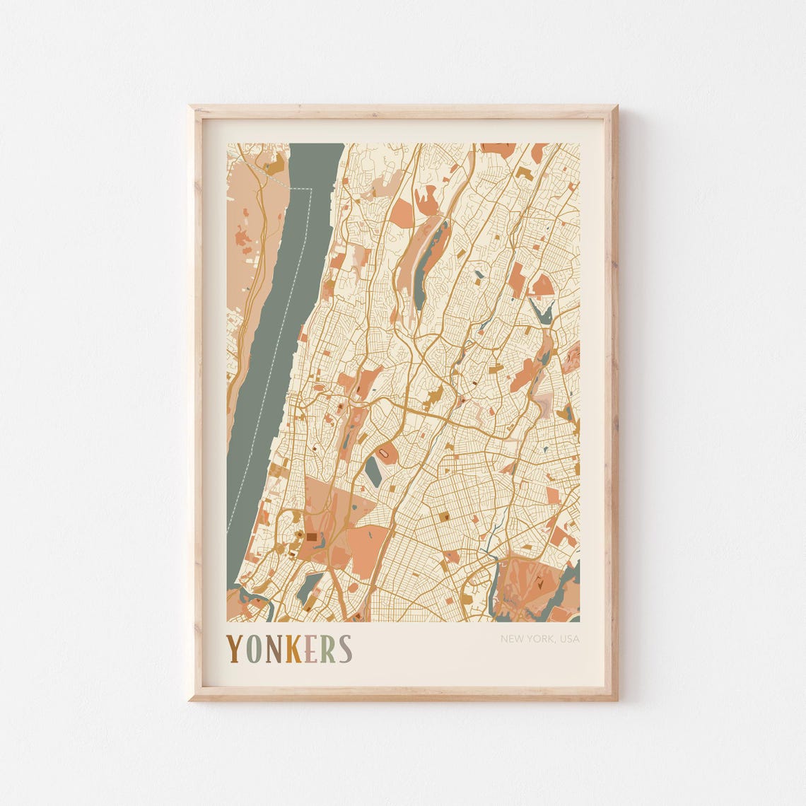 Yonkers New York USA Warm Vintage Beige City Street Map Art Poster