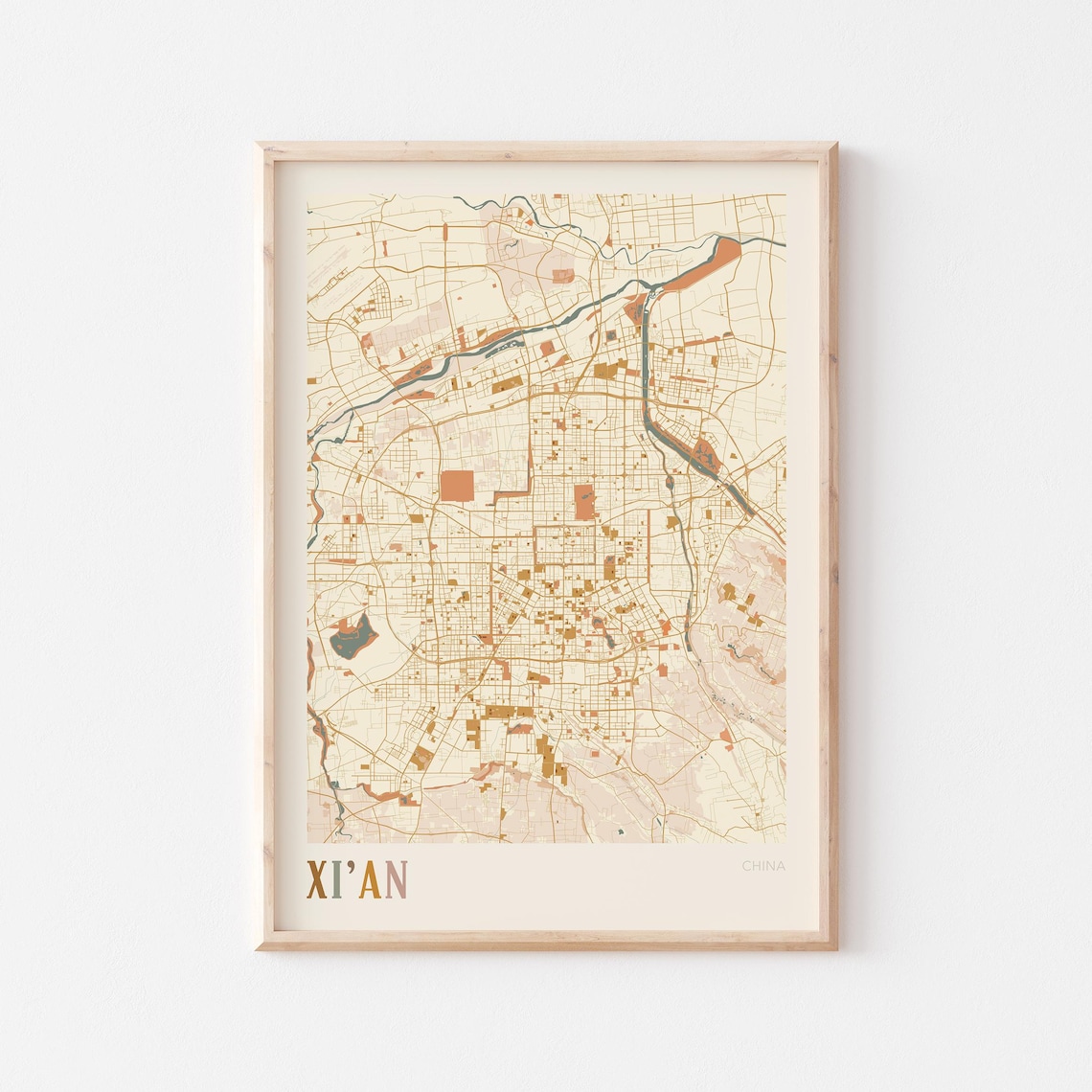 Xi'an China City Street Map Boho Vintage Decorative Wall Poster