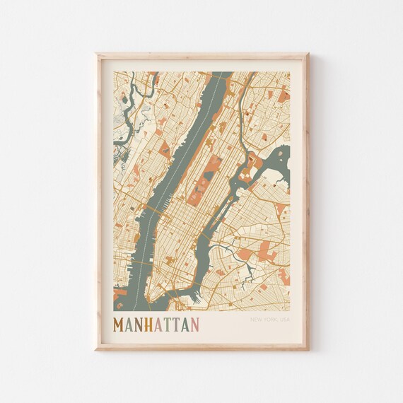 Manhattan New York City Vintage Boho Style Street Map Poster