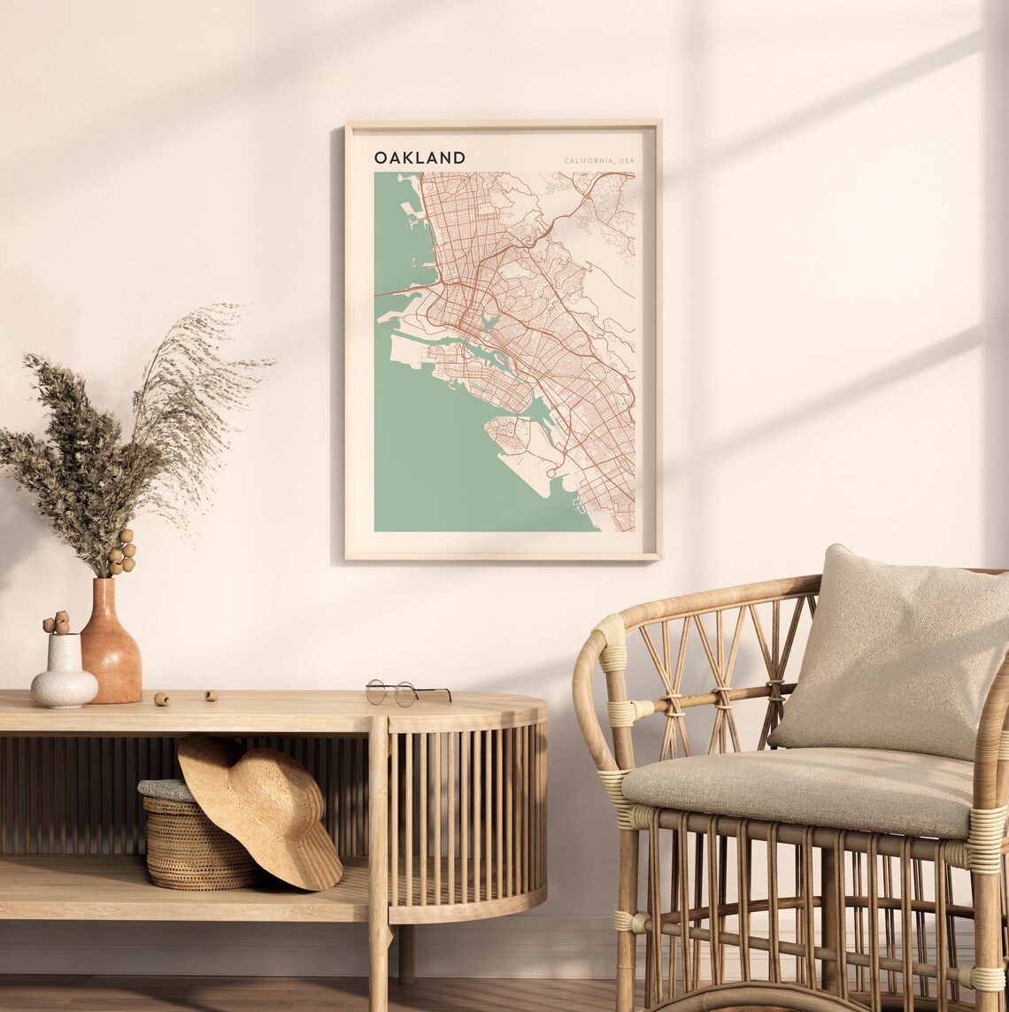 Oakland California Minimalist Street Map Poster in Blush and Sage - Image 2