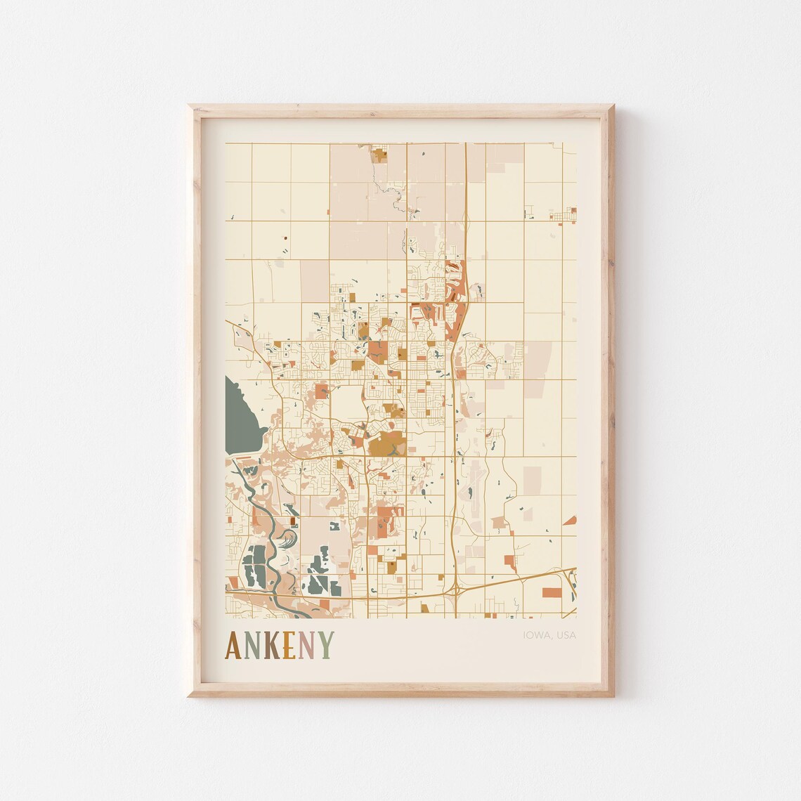 Ankeny Iowa City Map Poster Earth Tone Boho Minimalist Map Wall Decor Gift