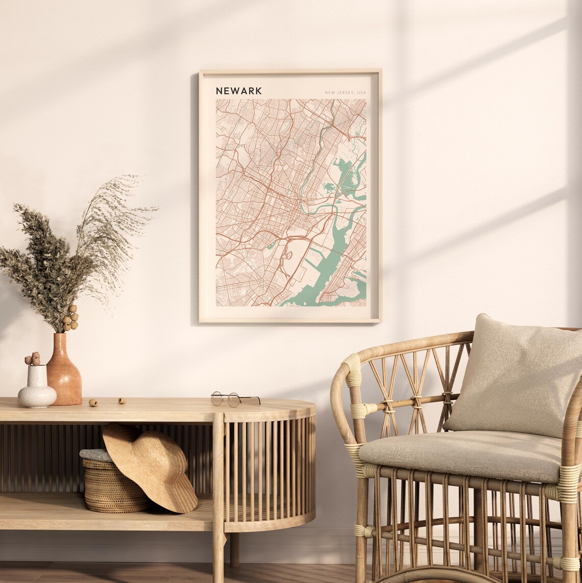 Newark New Jersey Street Map Poster in Warm Brown Sage and Cream Tones - Image 2