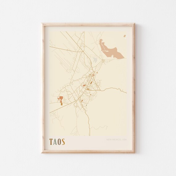 Taos New Mexico USA Warm Vintage Beige City Street Map Art Poster