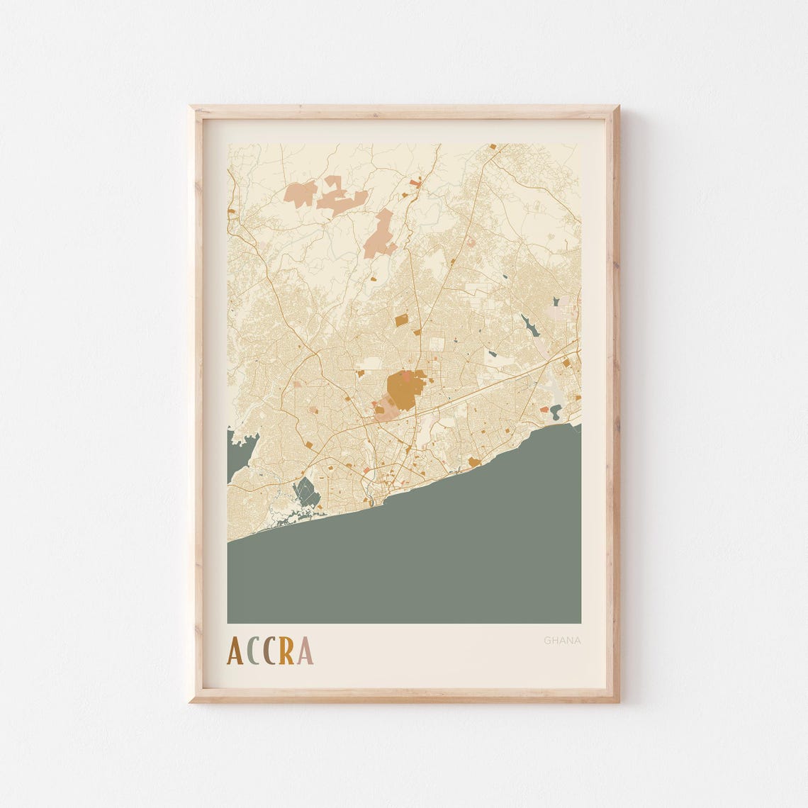 Accra Ghana Boho Cream City Map Poster Vintage Style Travel Decor