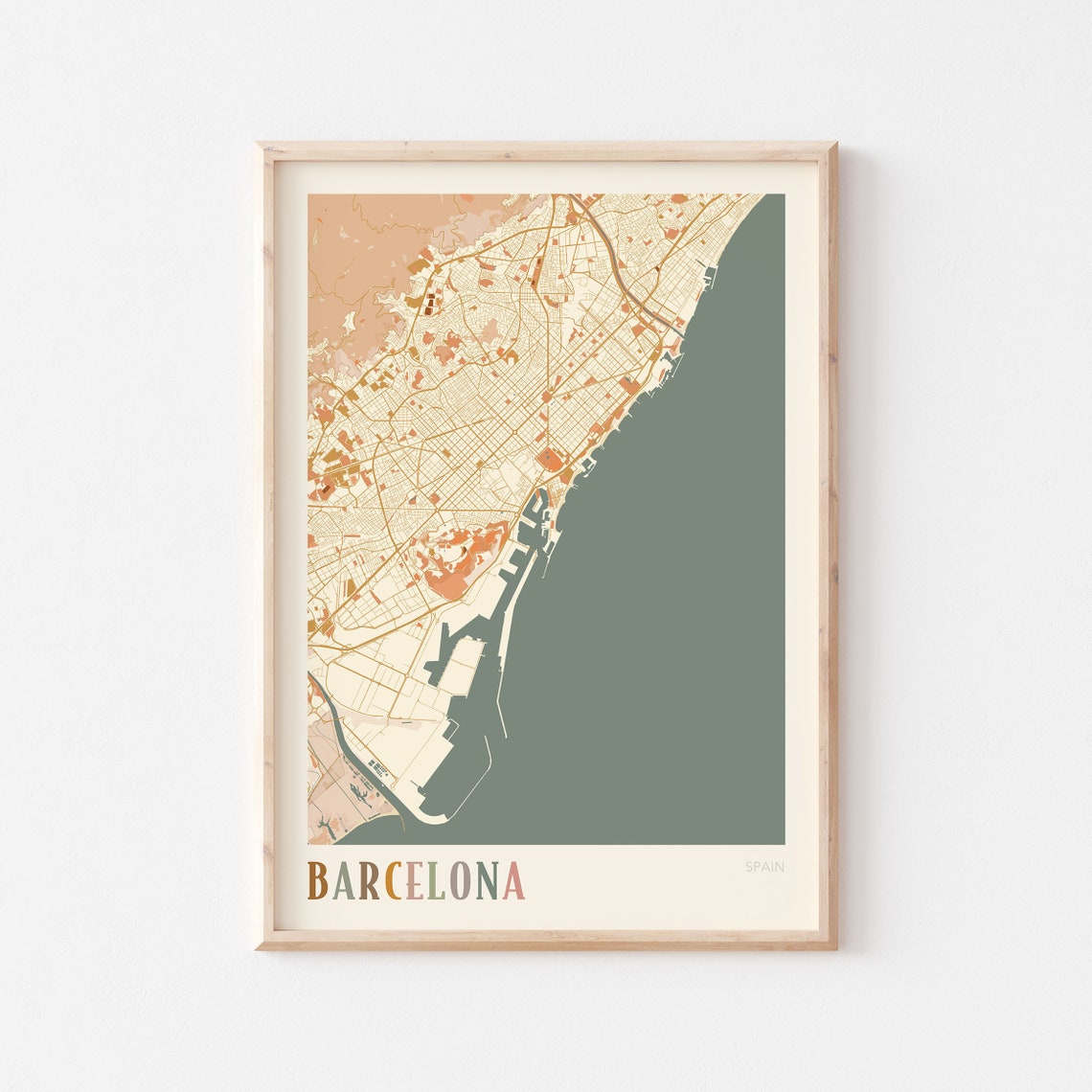 Barcelona Spain Minimalist Street Map Poster in Boho Neutral Tones