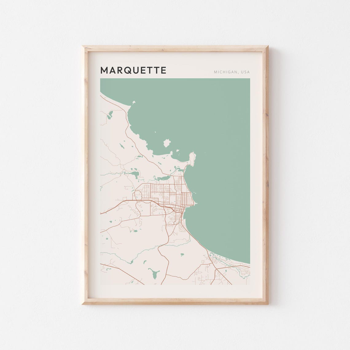Marquette Michigan Minimalist Sage Green Modern City Map Poster