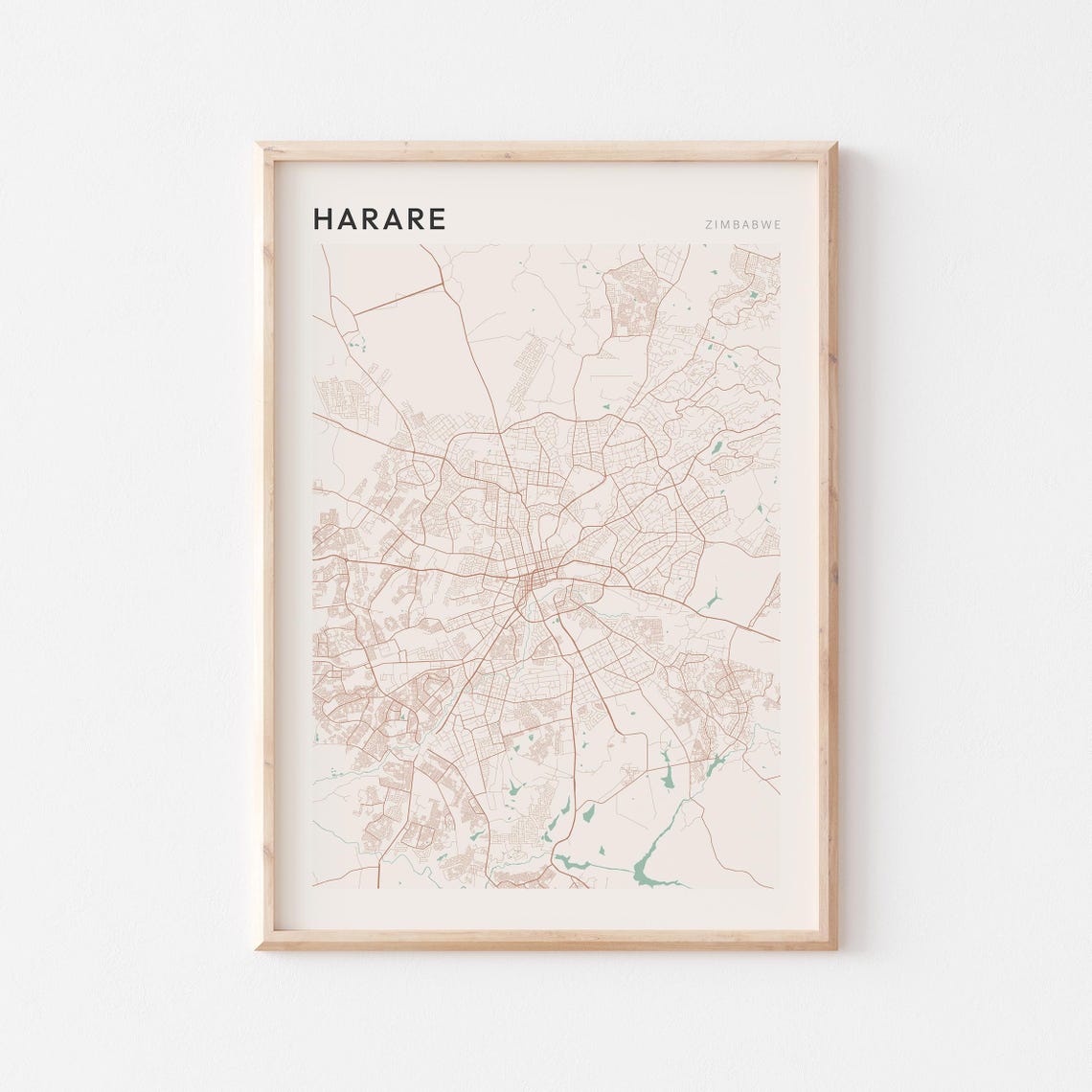 Harare Zimbabwe Minimalist City Street Map Poster Beige Travel Gift
