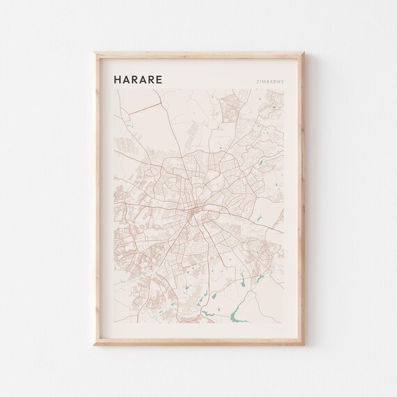Harare Map Poster Print Wall Art Zimbabwe Africa Travel Gift Minimalist