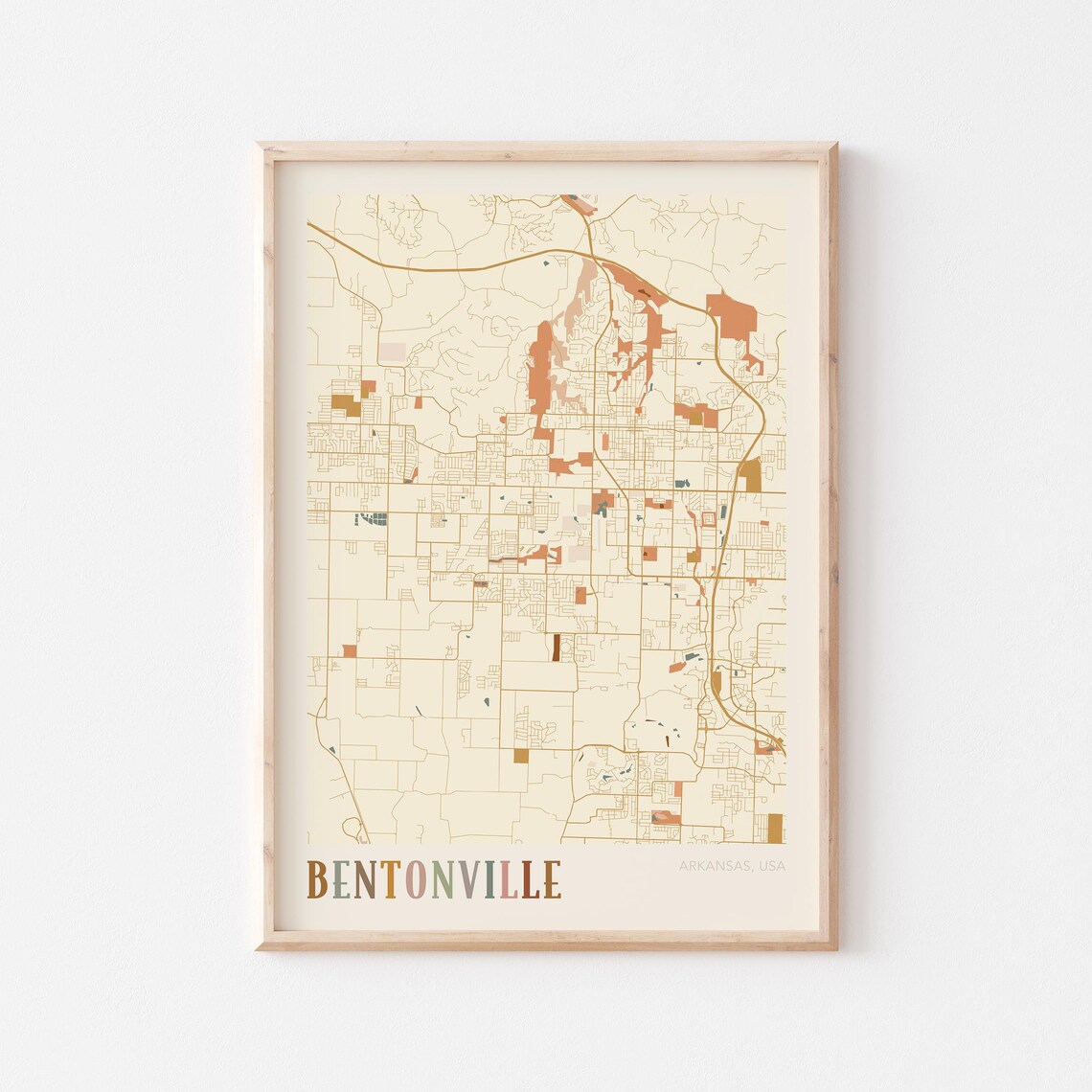 Bentonville Arkansas Warm Earth Tone City Street Map Art Decor Poster
