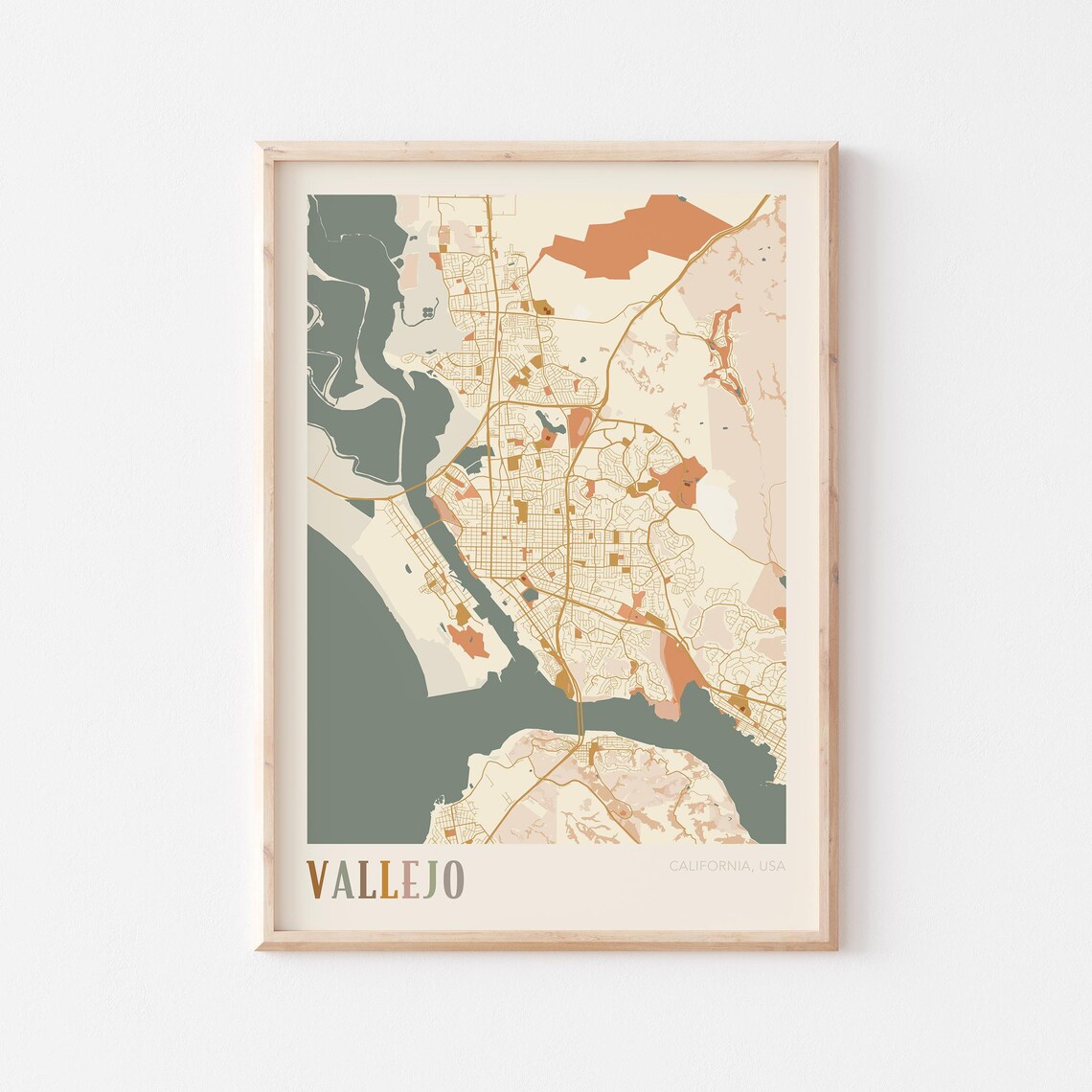 Vallejo California Warm Tones City Map Poster for Living Room Decor