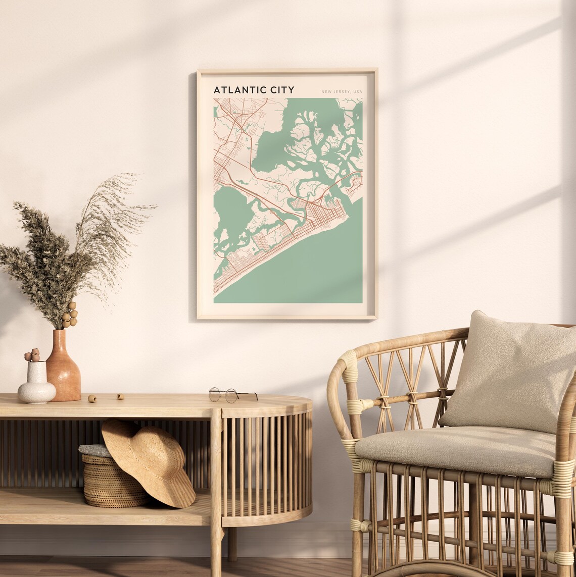 Atlantic City New Jersey Street Map Poster in Warm Brown Sage and Cream Tones - Image 2