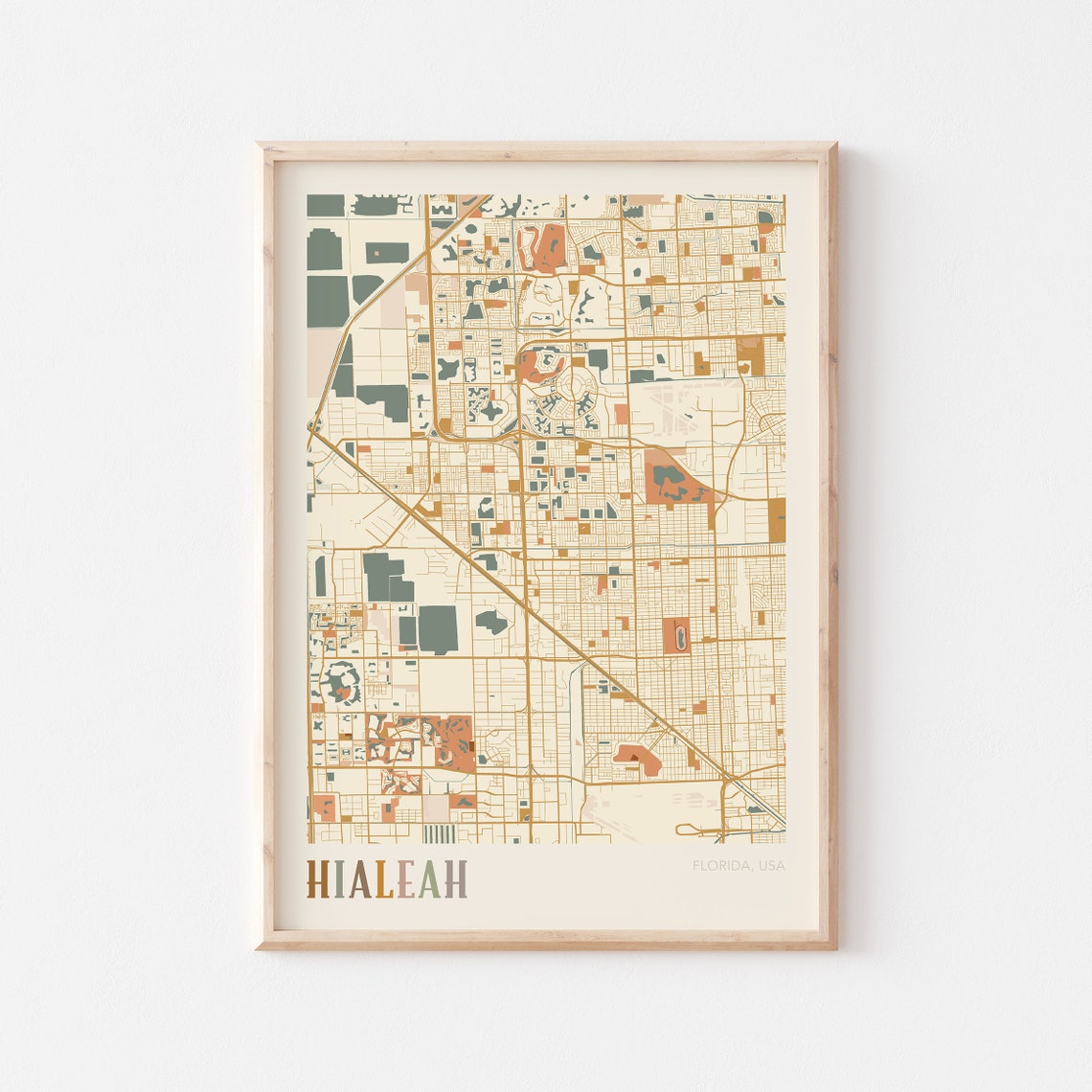 Hialeah Florida City Map Poster Warm Retro Street Map Home Decor