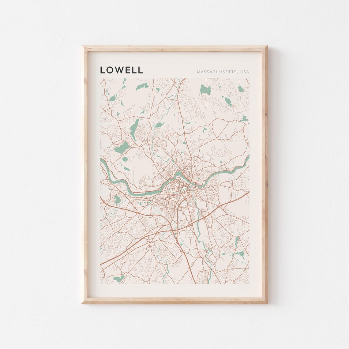 Lowell Massachusetts USA Soft Sage Minimalist Modern Street Map Poster