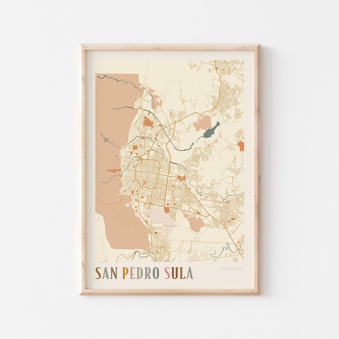 San Pedro Sula Honduras Street Map Warm Beige Boho Travel Poster