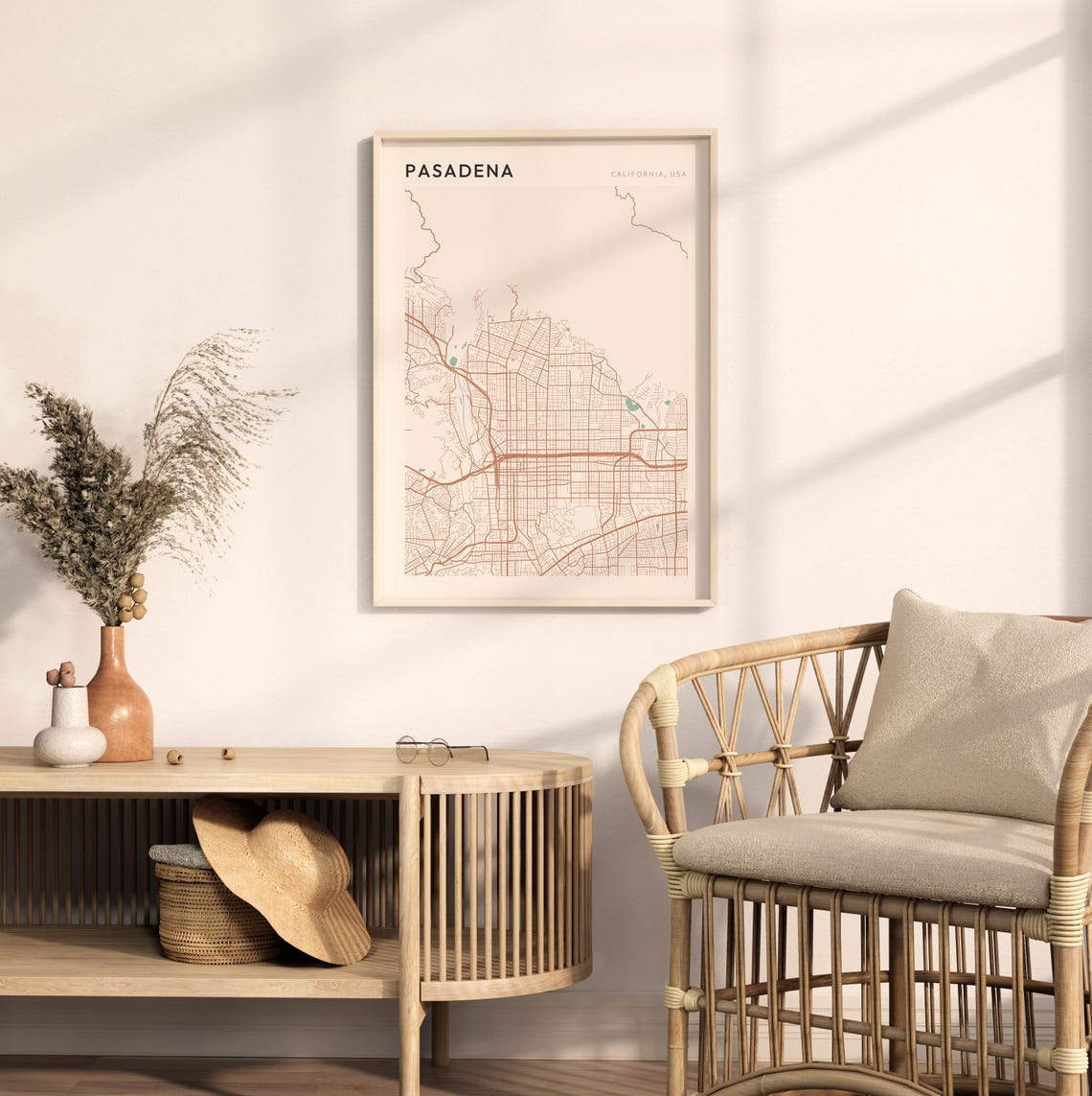 Pasadena California Minimalist Street Map Poster in Blush and Sage - Image 2