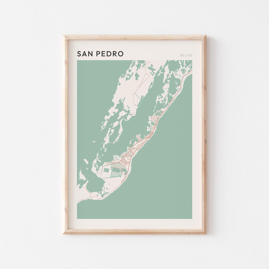 San Pedro Belize Minimalist Map Poster with Sage Green Lagoon Coast