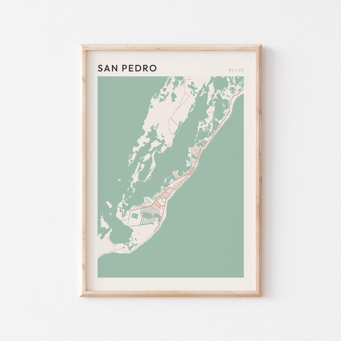 San Pedro Map Poster Print Wall Art Belize Travel Gift Farmhouse Decor