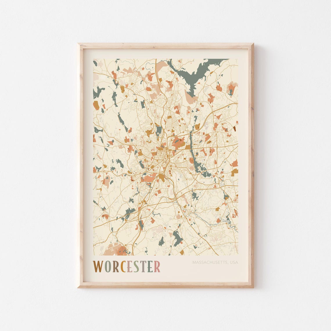 Worcester Massachusetts USA Earthy Retro Minimalist City Map Poster