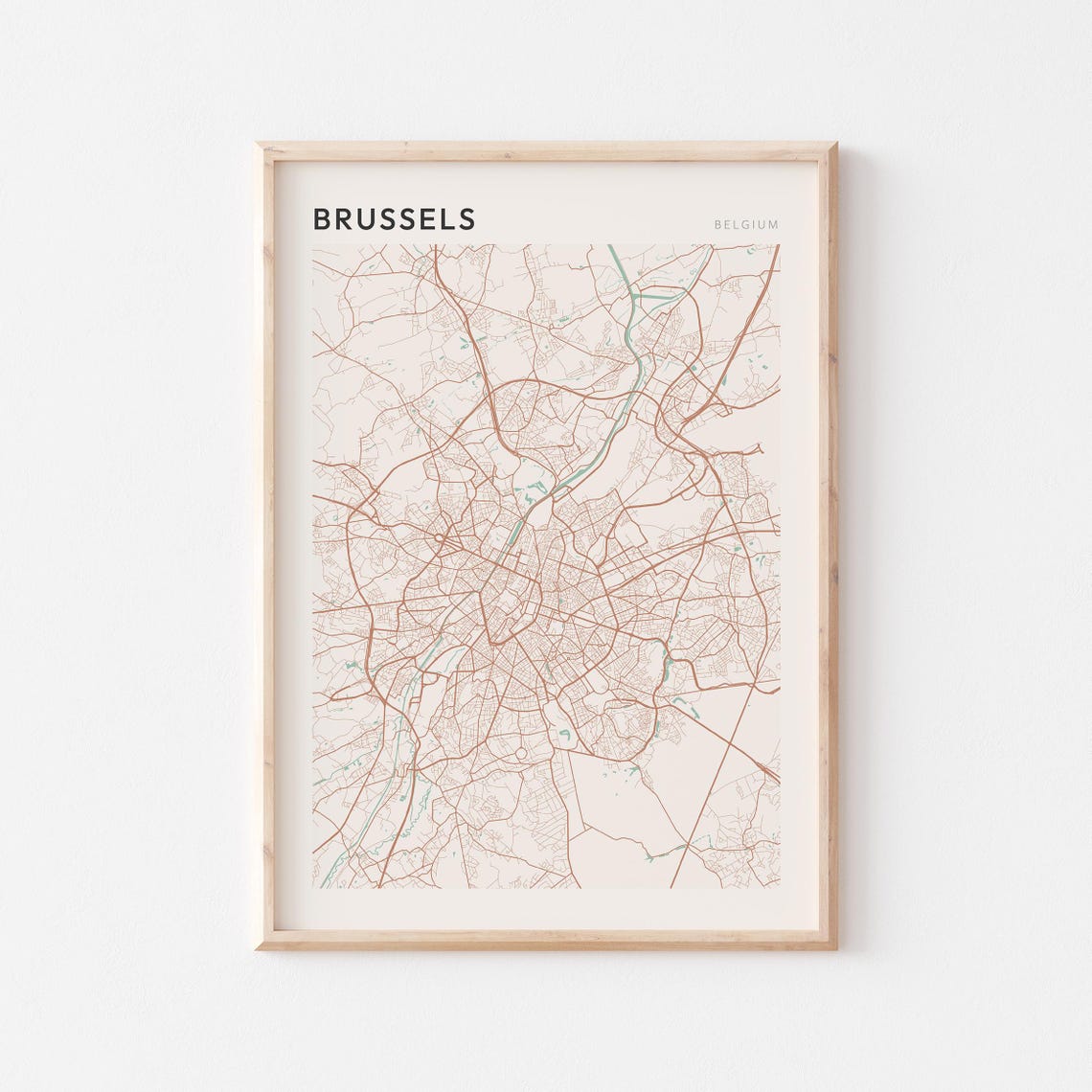 Brussels Belgium Minimalist Copper Line Art Street Map Poster