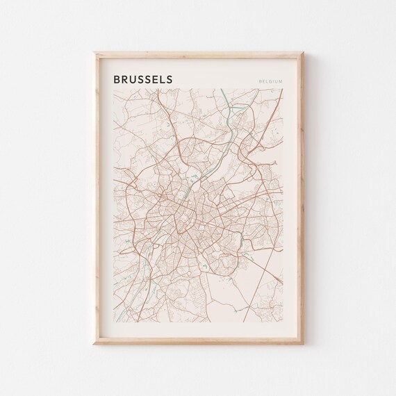 Brussels Belgium Minimalist Copper Line Art Street Map Poster