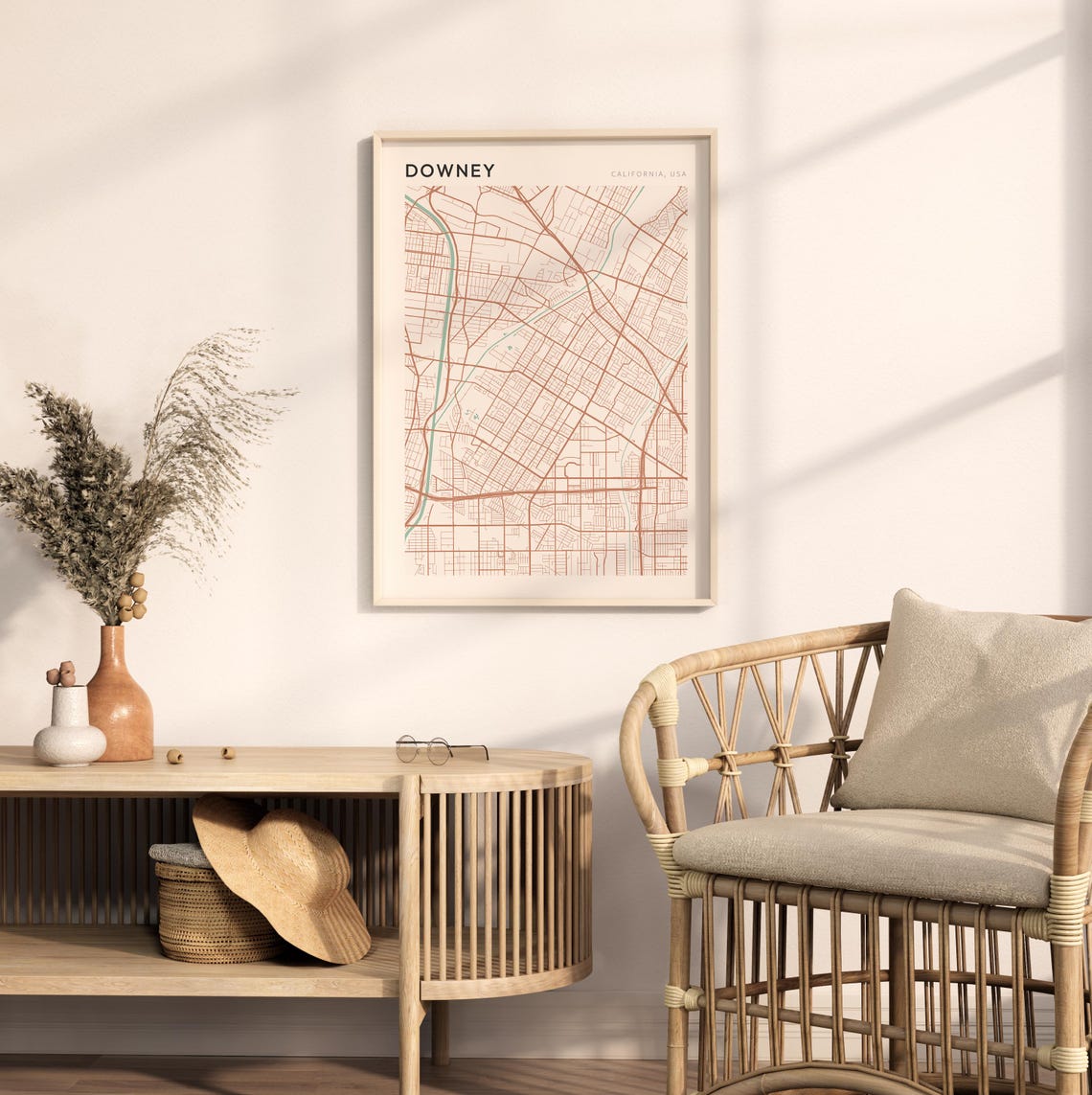 Downey California Minimalist Street Map Poster in Blush and Sage - Image 2