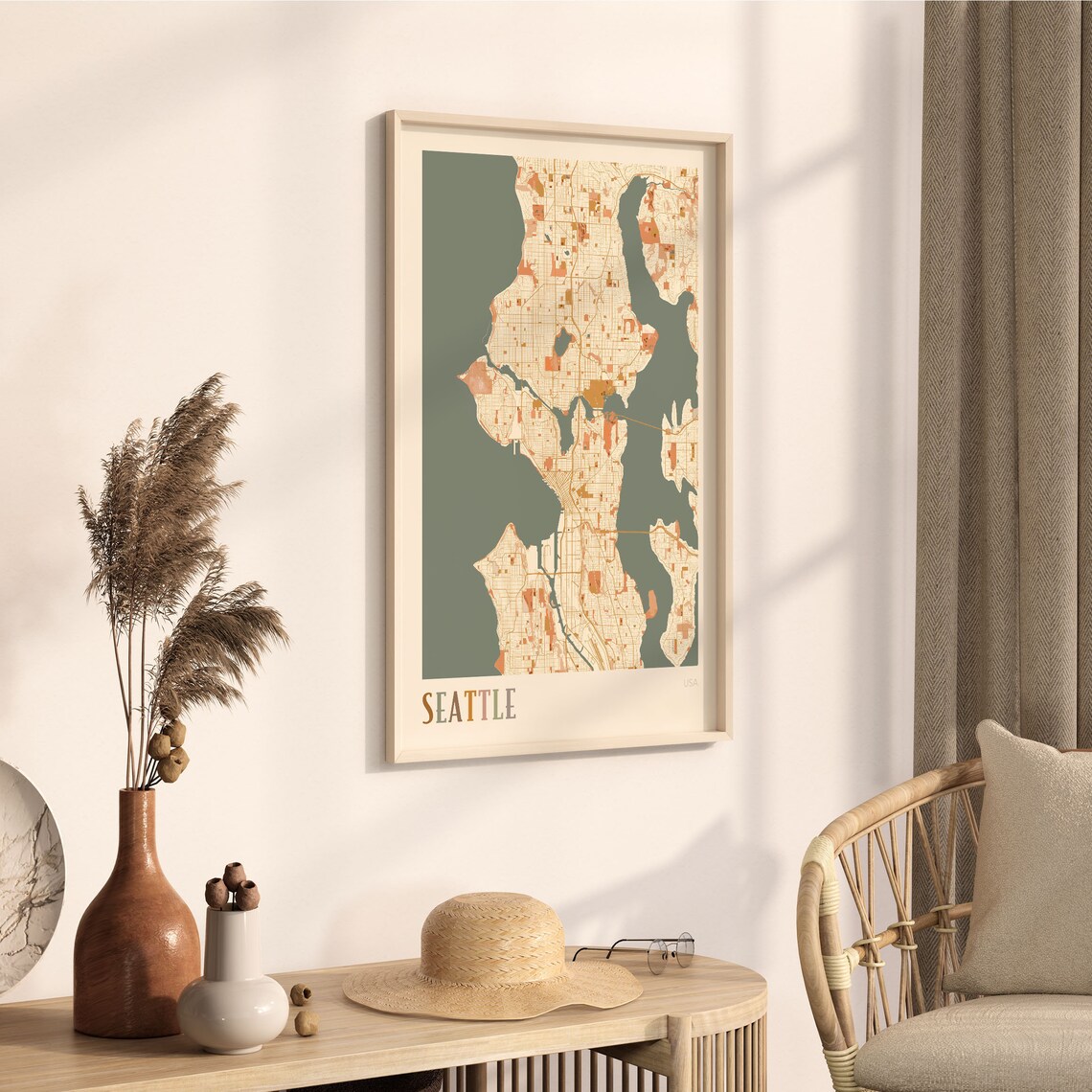 Seattle USA Minimalist Street Map Poster in Boho Neutral Tones - Image 3