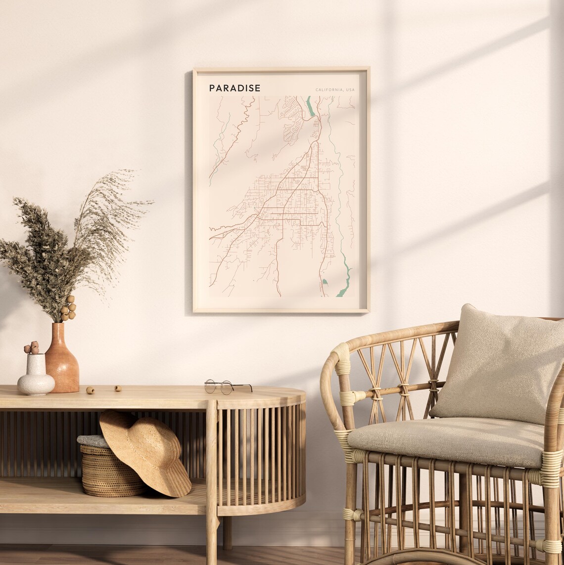 Paradise California Minimalist Street Map Poster in Blush and Sage - Image 2