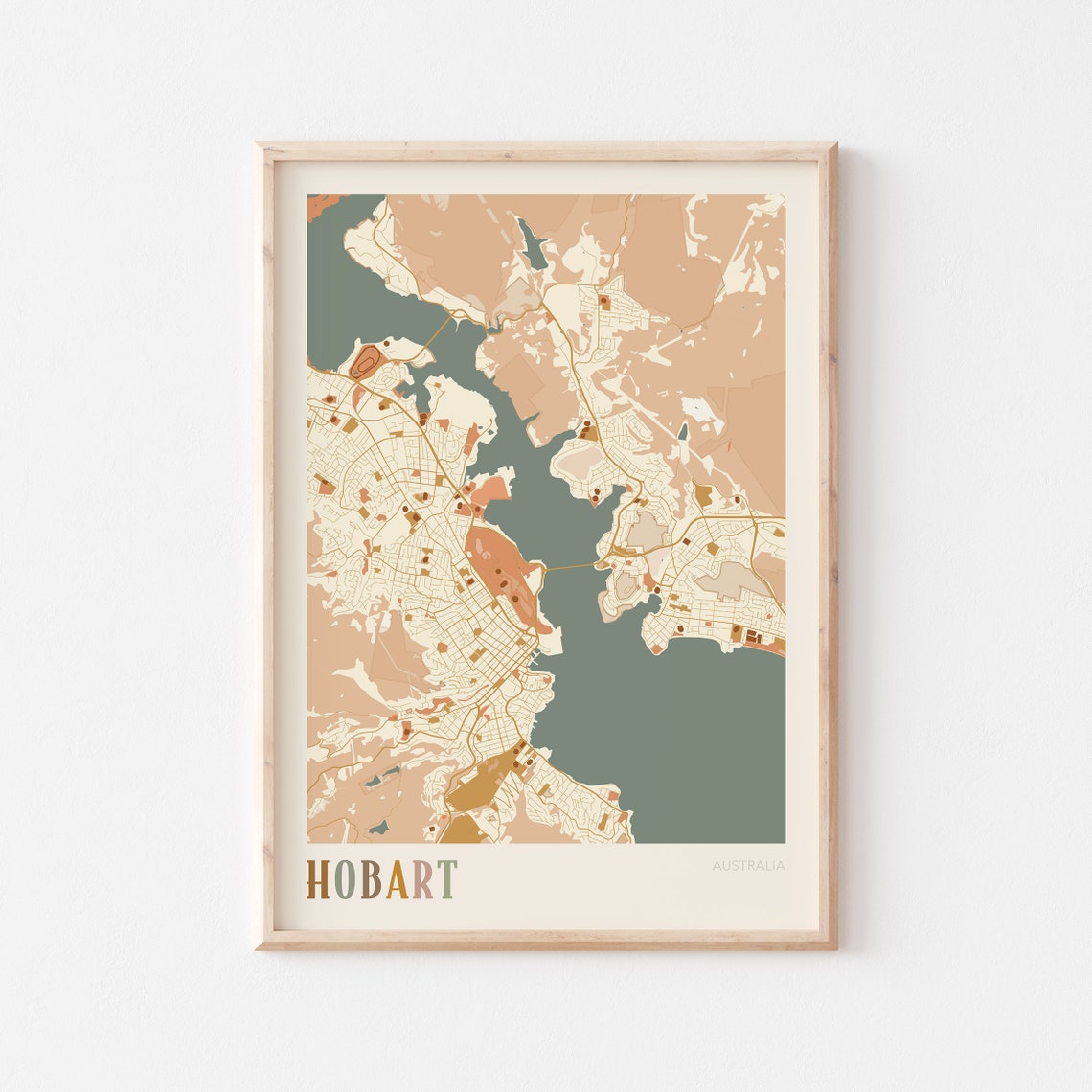 Hobart Australia Retro City Map Poster with Derwent River Harbour