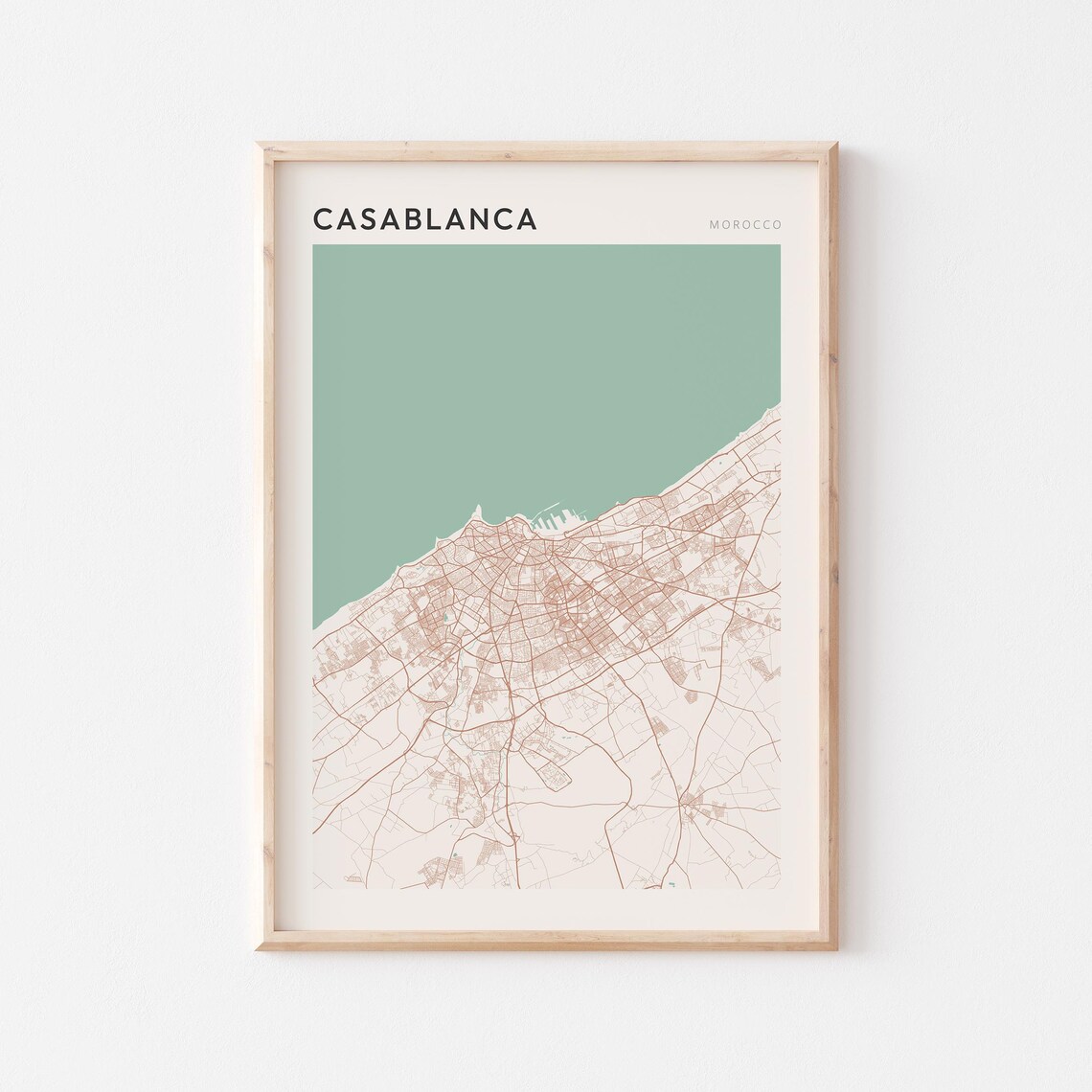 Casablanca Morocco City Street Map Poster Mint Green Coastal Decor