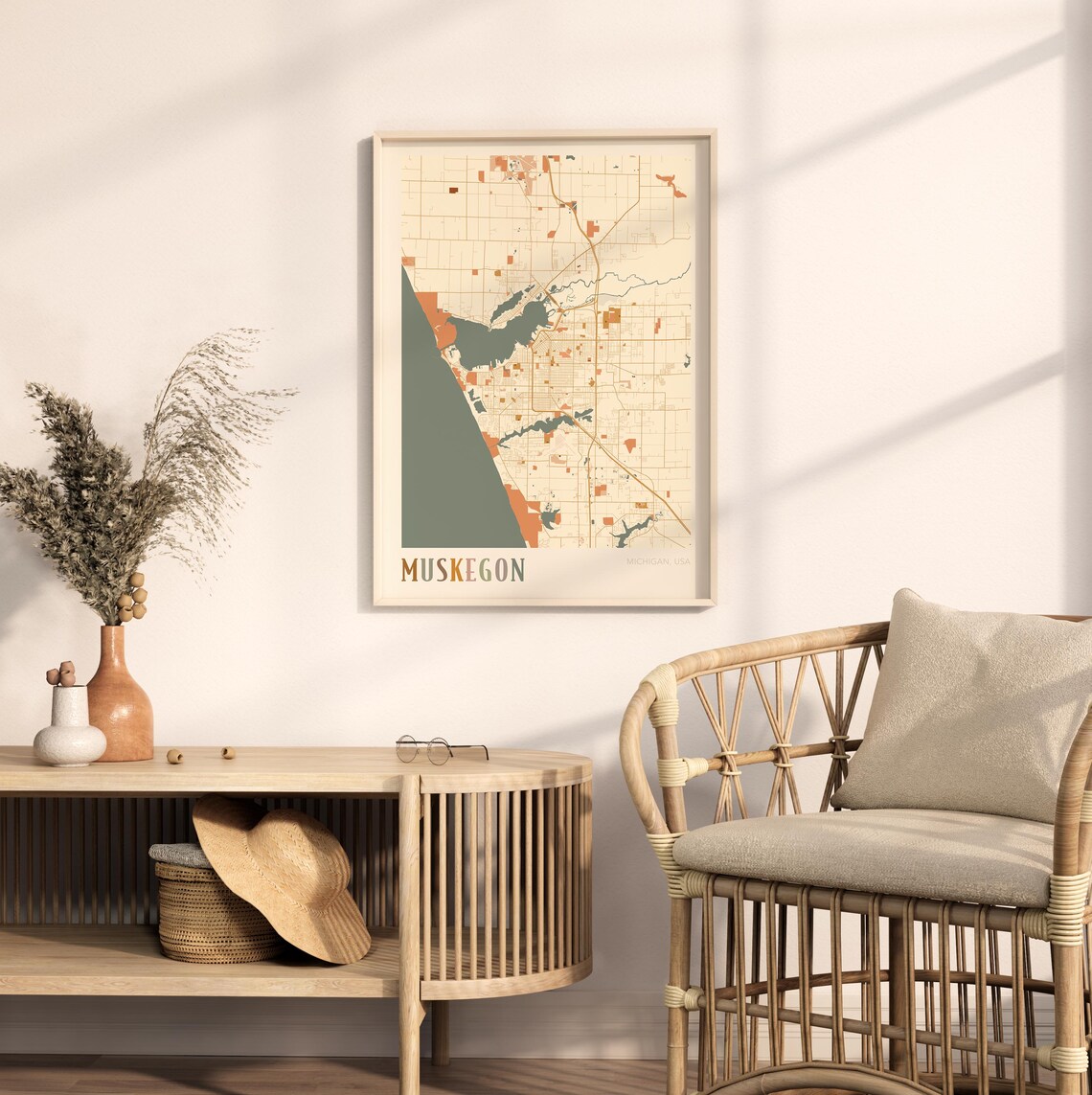 Muskegon Michigan USA Earthy Retro Minimalist City Map Poster - Image 2