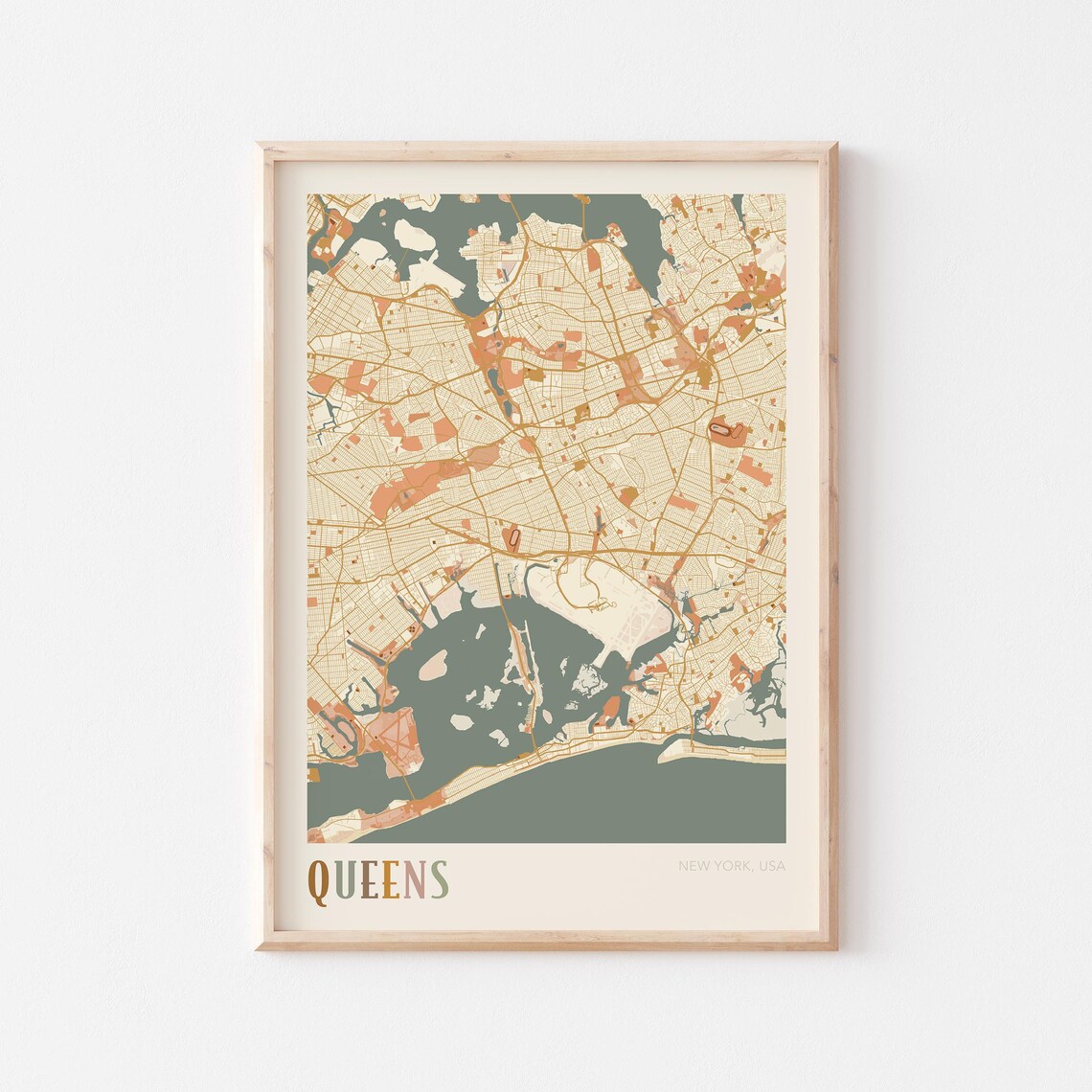 Queens New York USA Warm Vintage Beige City Street Map Art Poster