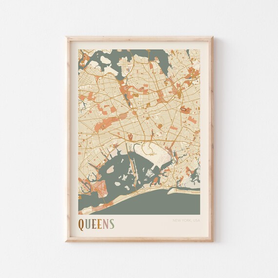 Queens New York USA Warm Vintage Beige City Street Map Art Poster