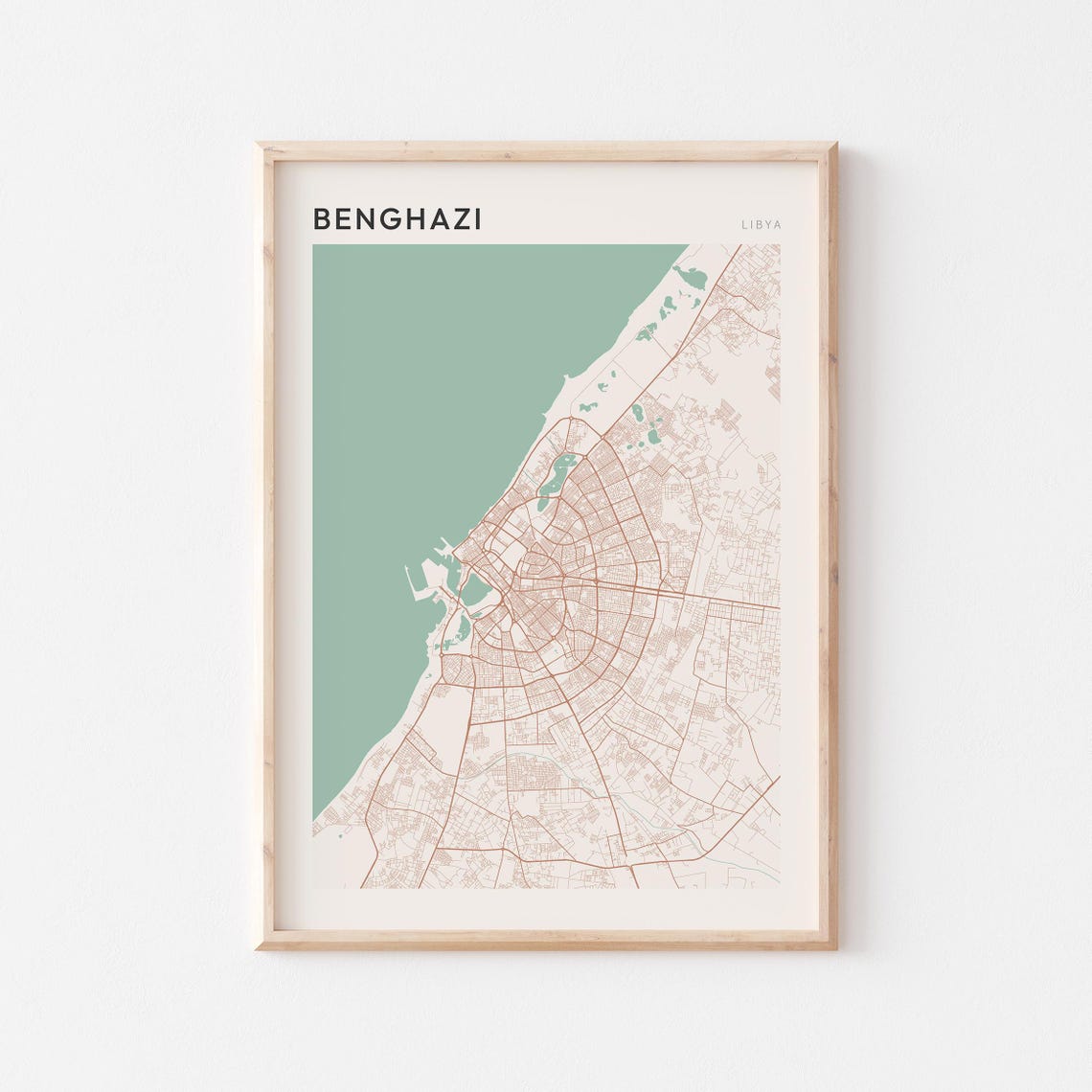 Benghazi Libya Sage Green City Street Map Poster Minimalist Decor