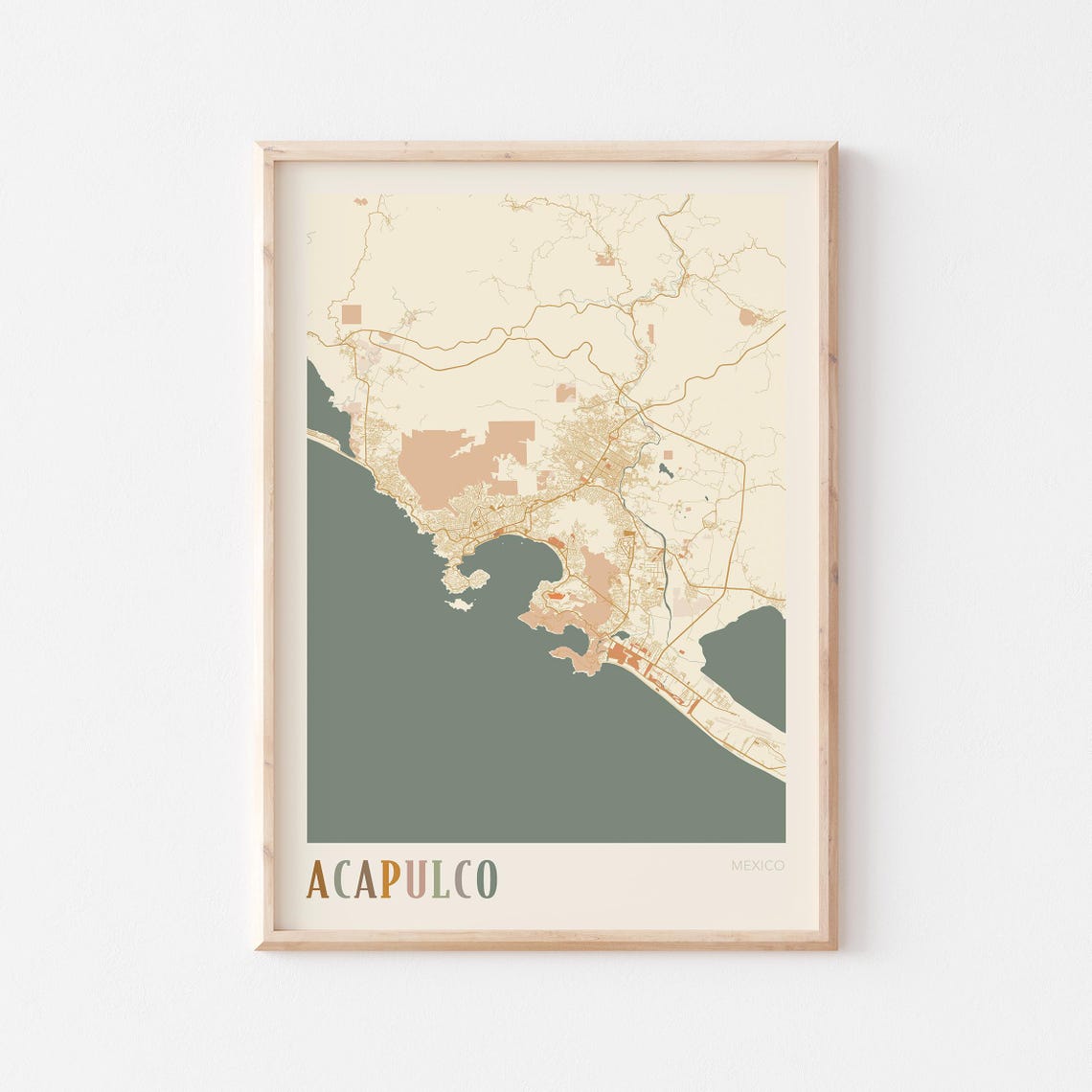 Acapulco Mexico Elegant Beige City Map Gold Coastline Art Poster