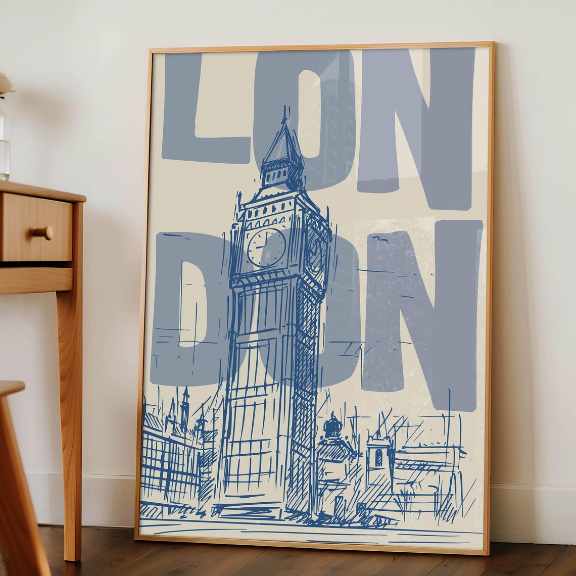 London Big Ben Hand Drawn Blue Sketch Bold Typography City Poster