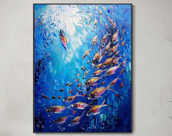 Azure Ocean Fish Dance Thick Texture Oil Painting 3d Knife Painting Blue Ocean Deco Painting Fish Swimming Art Painting Unique Creative Gift