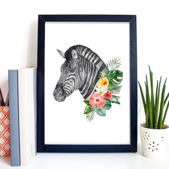 Zebra With Tropical Flowers Watercolor Wildlife Safari Animal Art Poster