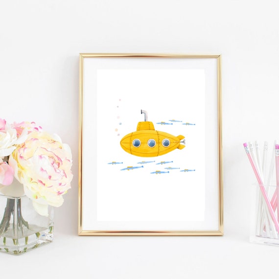 Din A4 Art Print Unframed Watercolor Cute Submarine Submarine With Fishing Yellow Bathroom Childrens Room Image Poster Gift