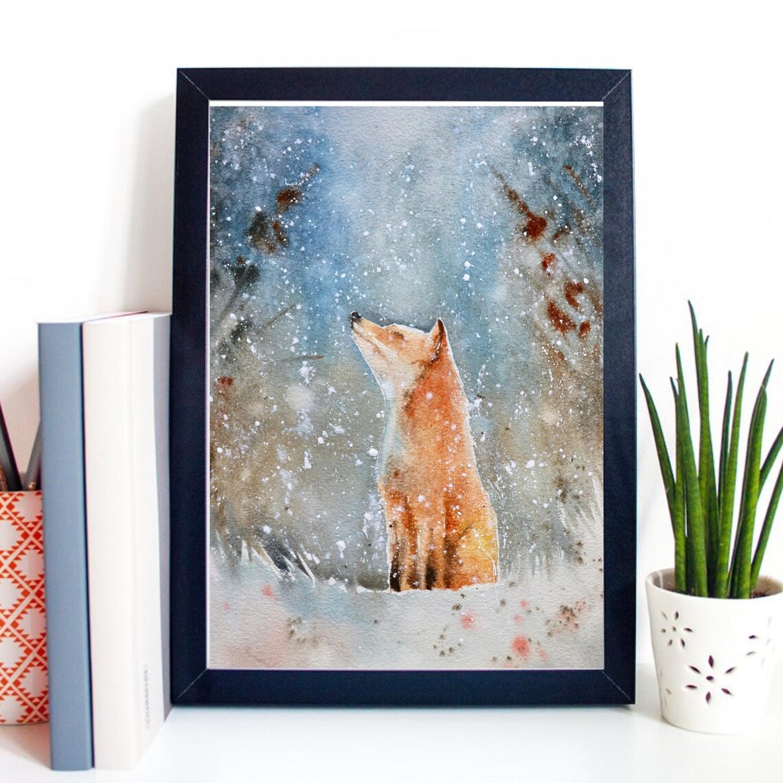 Red Fox in Snowy Winter Forest Watercolor Wildlife Fine Art Wall Art - Image 3