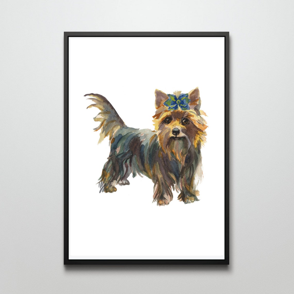 Yorkshire Terrier Blue Bow Watercolor Standing Puppy Dog Print - Image 2