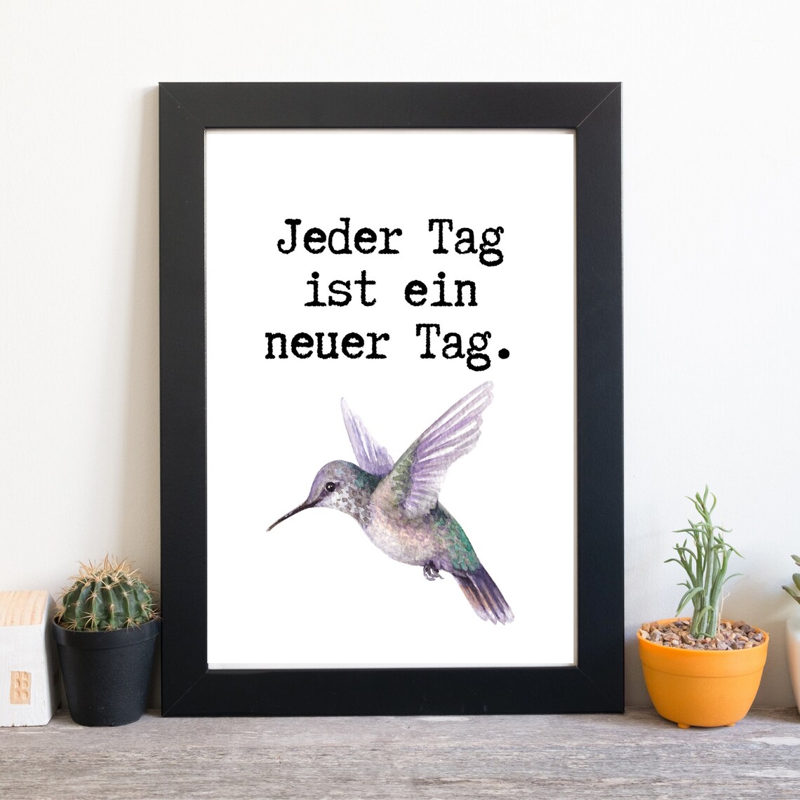 Inspirational New Day German Quote Watercolor Hummingbird Poster