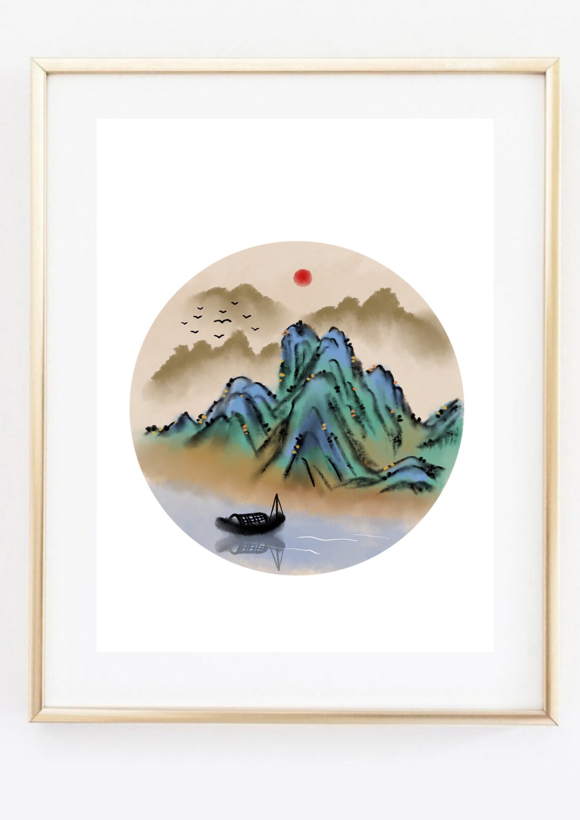 Chinese Ink Wash Blue Green Mountains Red Sun Round Landscape Poster - Image 2