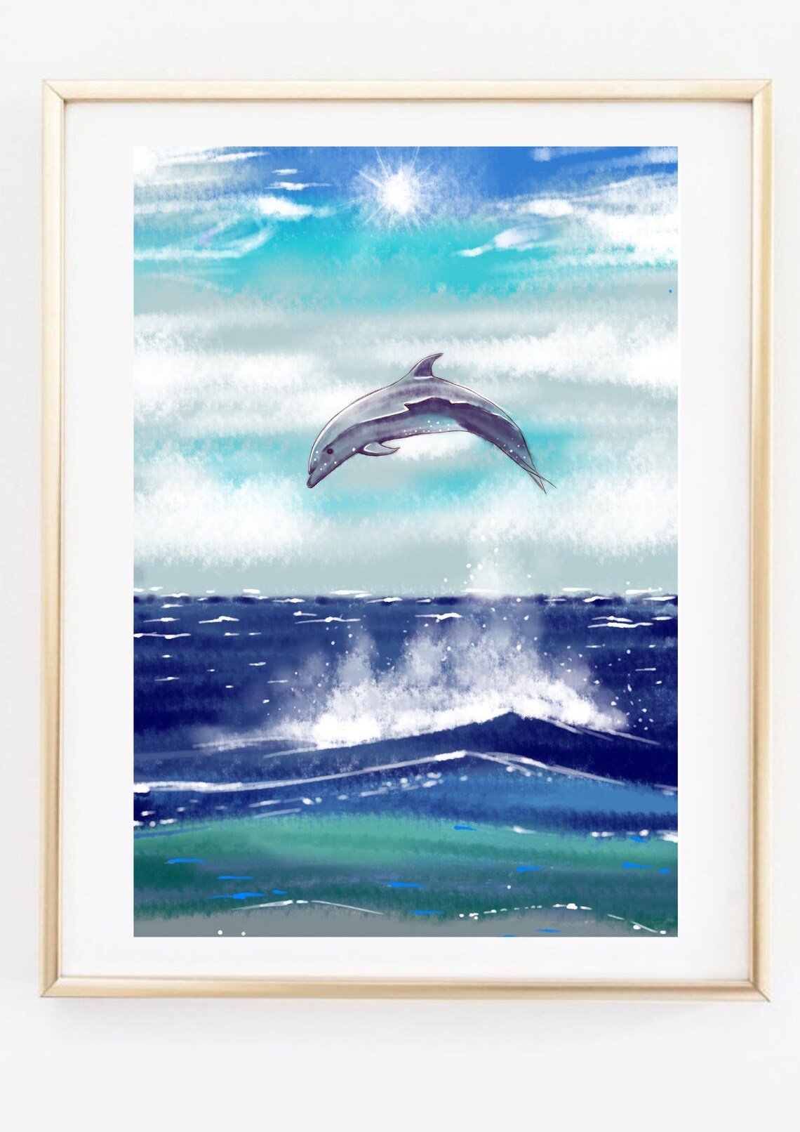 Din A4 Art Print Without Frame Jumping Dolphin Dolphin Sea Ocean Watercolor Blue Maritime Print Poster Image - Image 3