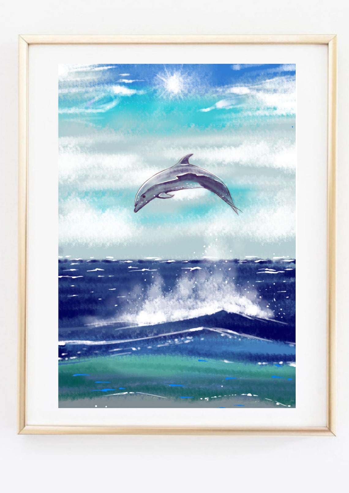 Jumping Dolphin Ocean Waves Watercolor Blue Sea Animal Art Poster - Image 3