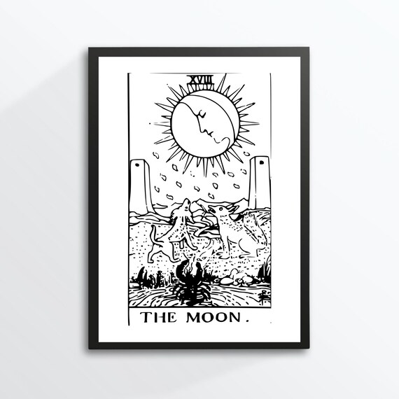 The Moon Tarot Card Black Line Rider Waite Esoteric Art Print