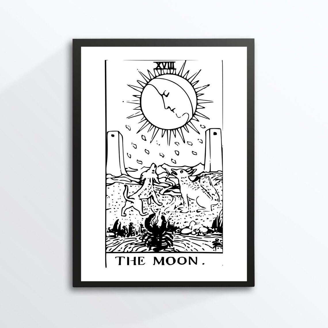 The Moon Tarot Card Black Line Rider Waite Esoteric Art Print