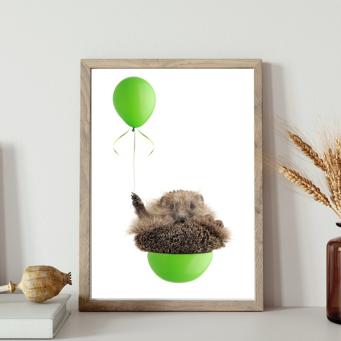 Cute Hedgehog Holding Green Balloon Lying Back Playful Animal Photo Poster - Image 3