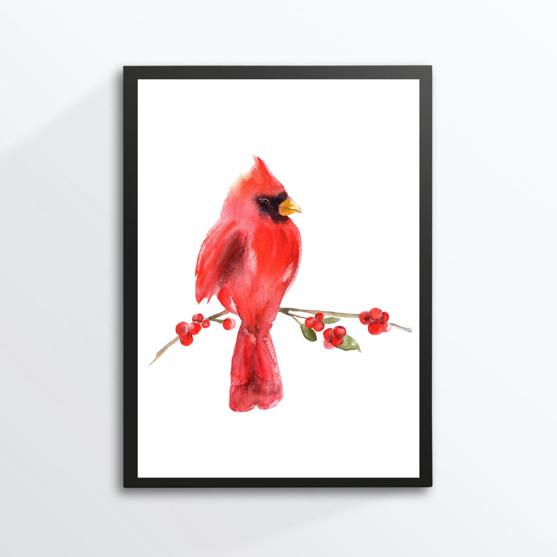 Red Cardinal Bird Watercolor Perched Berry Branch Songbird Poster - Image 2